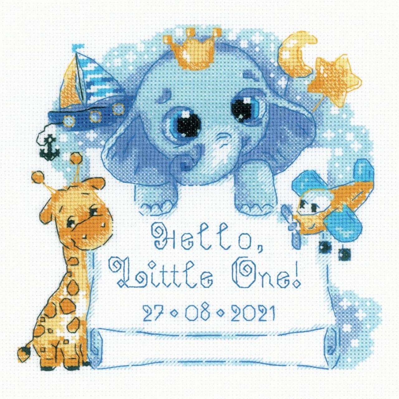 DIY Riolis Hello Little One Blue Boy Birth Record Counted Cross Stitch Kit 6x6